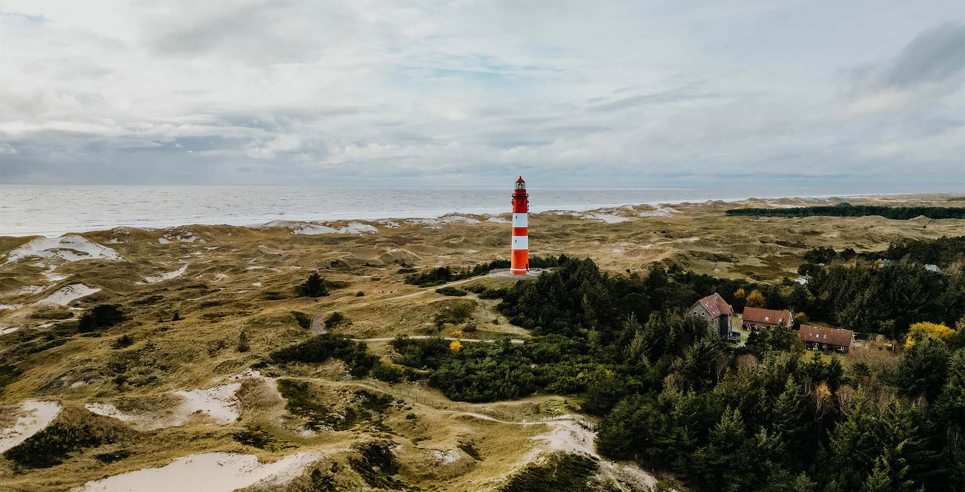 Dünenlandschaft mit Sand, Meer und Heide auf der Insel Amrum mit weitem Blick.